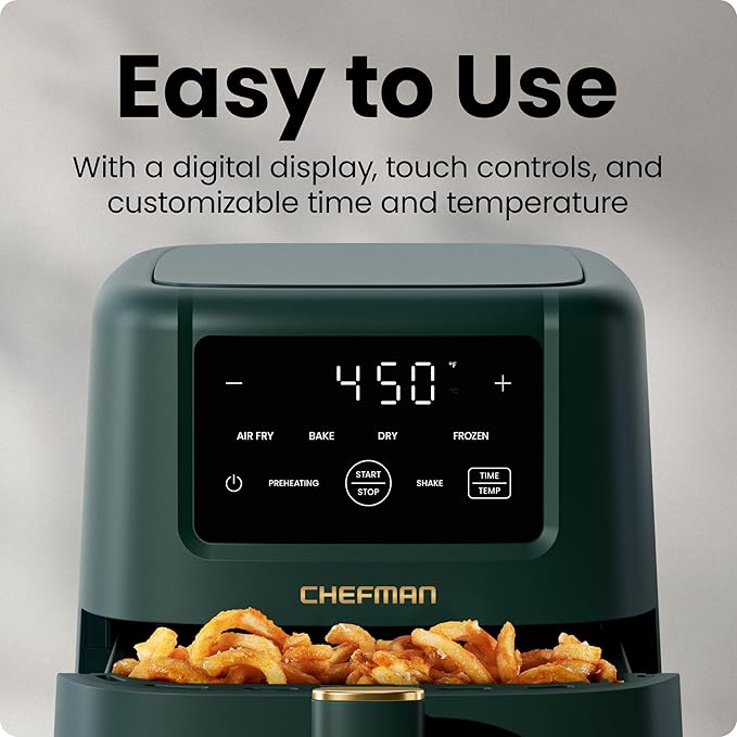 Chefman Air Fryer – 4-in-1 Slim 3.5 QT Airfryer, Air Fry, Bake, Dehydrate, Frozen, 450°F Max Temp for Extra Crispy Results in Minutes, Nonstick Ceramic Coating, Dishwasher-Safe Accessories - Green