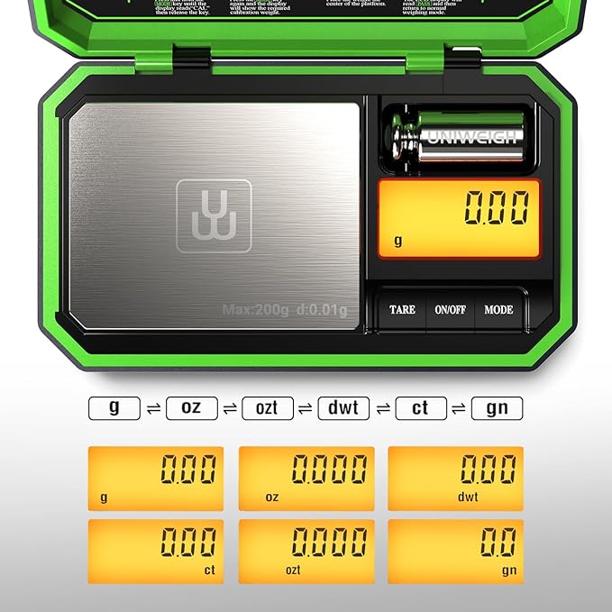UNIWEIGH Digital Pocket Scale 200g/0.01g, Digital Scale Grams, Jewelry Scale,Coins Scale with 50g Cal Weights for Powder,Small Items,Tea,Jewelry,Coins (Battery Included)-Fluorescent Green