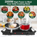 Electric Countertop Double Burner, 2000W Cooktop with Cast Iron Hot Plate & Stay Cool Handles, 5 Level Temperature Control, Easy to Clean, Indicator Lights, Cooking Stove for Office Home Camping RV