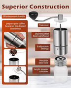 Stainless Steel Burr Manual Coffee Grinder For Drip,French Press,5 Adjustable Settings,Hand Mill with Built-In Burr,For Home Use and Camping (Stainless Steel burr-Sliver)