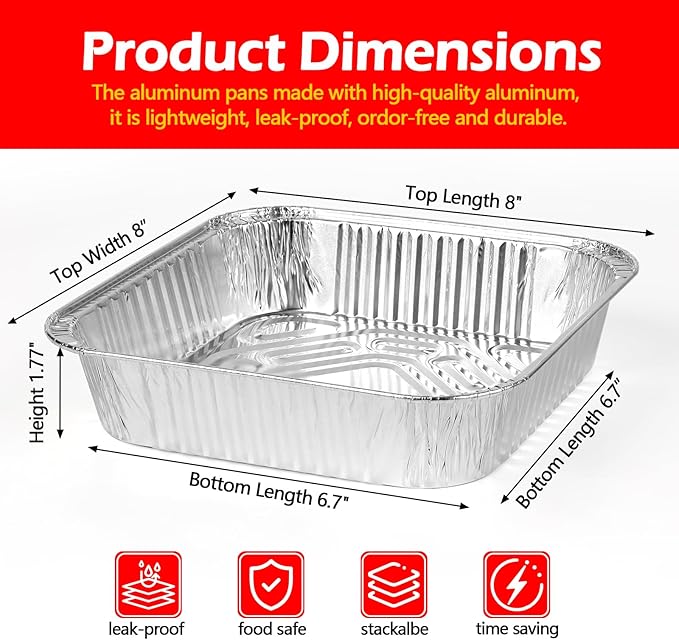 8x8 Aluminum Foil Pans with Lid, 20 Pack Disposable Trays Half Size Heavy Duty Tin Pans Deep Food Containers For Cooking, Meal Prep, Baking, Roasting, Chafing, Heating or Steam Table