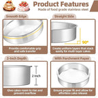 TeamFar 8 Inch Cake Pan Set of 2, Stainless Steel Layer Cake Baking Pans Tins with 90 Pcs Parchment Paper, Round Bakeware for Birthday Wedding, Non-Toxic & Healthy, Mirror Finish & Dishwasher Safe