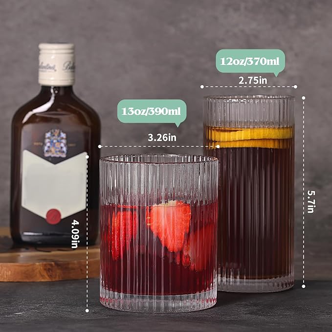 Moretoes Ribbed Drinking Glasses Set of 12, Glassware Clear Water Glass Cups, 6 Highball Glasses 12 Oz, 6 Rocks Glass 13 Oz, RibbedKitchen Bar Tumbler for Wine, Juice, Ice Coffee, Whiskey