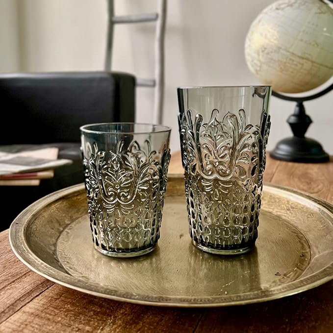 KLIFA- BLOIS- 15.2 & 20.5 ounce, Set of 8, Acrylic Tumbler & Highball Drinking Glasses Cups, BPA-Free, Stackable Plastic Drinkware, Dishwasher Safe, Vintage Looking Cups, Gray-Black