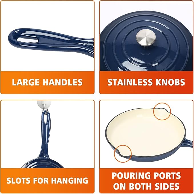 Hisencn Enameled Cast Iron Cookware Set - 7 Piece Dutch Ovens Set, Sauce Pan, Skillet, 3 Lids, Pots and Pans Set, Ceramic Coated Cast Iron, Heavy Duty, Gas/Induction Compatible, PFA Free
