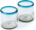 7 oz Hand Blown Mexican Drinking Glasses - Set of 2, 7 fl oz each, Aqua Rim