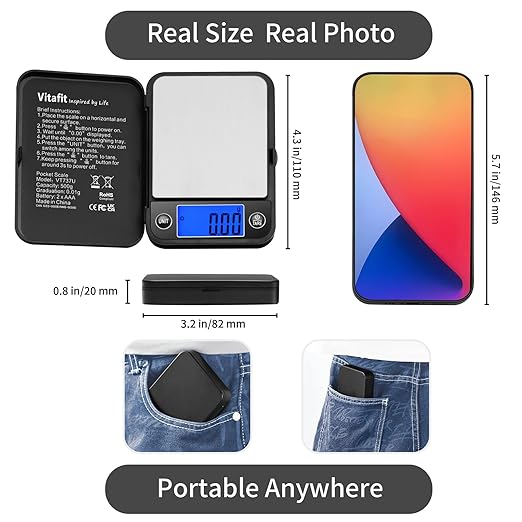 Vitafit 500g Digital Pocket Scale,High Accuracy Assured by Scale Professional Factory Since 2001, Gram Scale 0.01g for Multifunction: Lab,Food, Kitchen,Coffee,Jewelry; Black