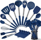 HOTEC 446°F Heat Resistant Silicone Kitchen Utensils, BPA Free Cooking Utensil Set, Spatula Set, Kitchen Gadgets, with Stainless Steel Utensils Holder, Dishwasher Safe, 14pcs Classic Blue