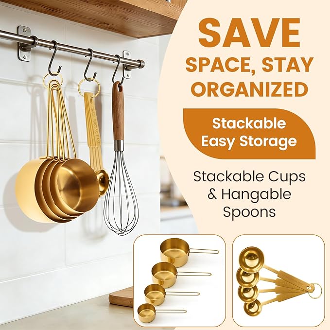 Gold 304 Stainless Steel Measuring Cup and Spoon Set, Stackable, 8-Piece, Long Handle for Narrow Bottles, Premium Gold Kitchen Utensils for and Cooking