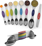ChefAide Pack of 8 Stainless Steel Magnetic Measuring Spoons Set, Dual Sided, Stackable, Adjustable Teaspoon and Tablespoon Measure Spoon with Leveler, Kitchen Gadgets