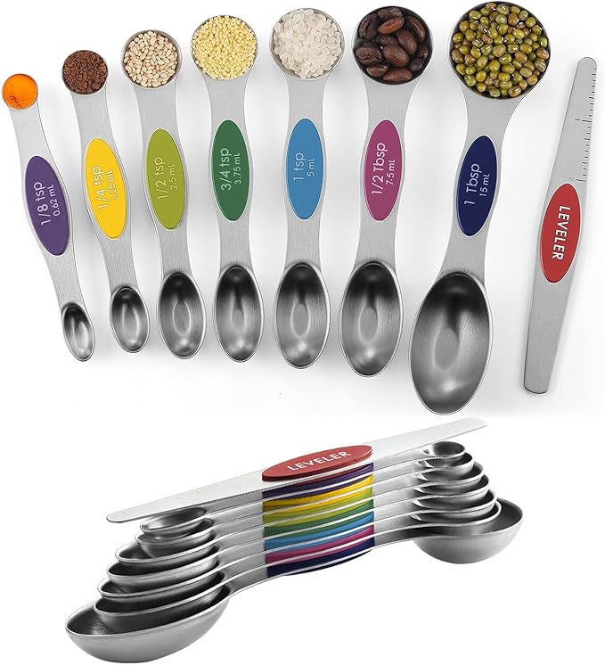 ChefAide Pack of 8 Stainless Steel Magnetic Measuring Spoons Set, Dual Sided, Stackable, Adjustable Teaspoon and Tablespoon Measure Spoon with Leveler, Kitchen Gadgets