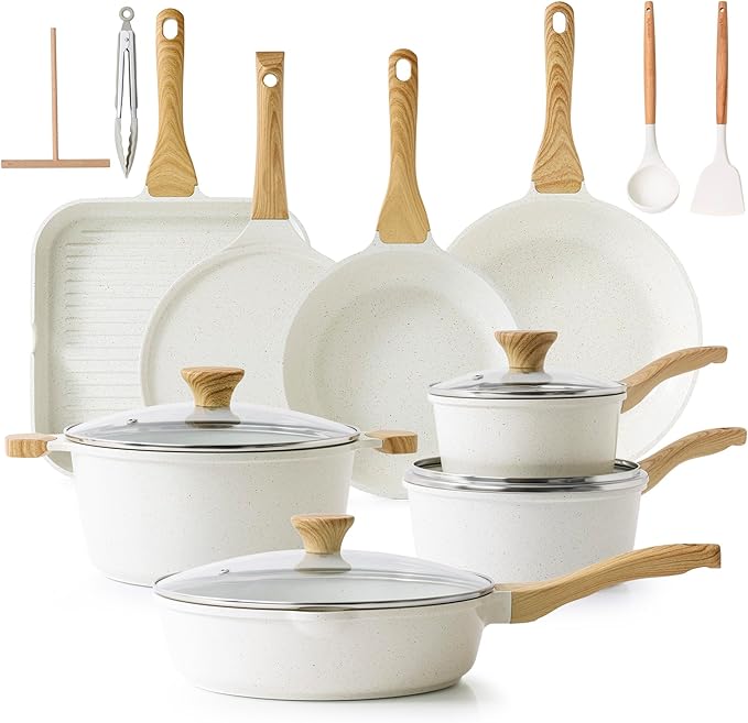 SENSARTE Nonstick Ceramic Cookware Set, 23 PCS Pots and Pans Non Toxic, PFAS & PFOA Free, Non Stick Healthy Kitchen Cooking Set with Stay-Cool Handles, White