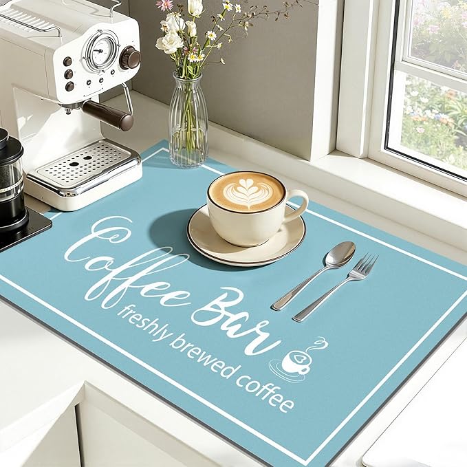Findosom Dish Drying Mat, 16"x 24" Super Absorbent & Hide Stain Coffee Mat, Cuttable Drying Mat for Kitchen Counter, Coffee Bar Accessories, Under Dish Rack, Coffee Maker, Espresso Machine, Blue