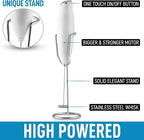 PRO MILK FROTHER WAND - ULTRA HIGH SPEED HANDHELD FROTHER - UPGRADED STAND - Powerful Handheld Mixer with Infinite Uses - Super Instant Electric Foam Maker with Stainless Steel Whisk (White)