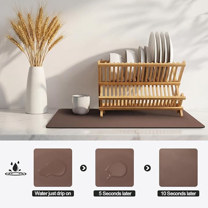 Ecotrim - Dish Drying Mat for Kitchen Counter | Coffee Bar Mat for Countertops | Heat Resistant Drainer Mat with Non-slip Rubber Backed | Hide Stain Kitchen Absorbent Draining Mat | Brown 16"x24"