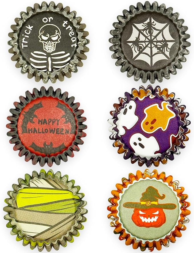 qiqee Halloween Cupcake Liners Mini Muffin Liners for Halloween 300-Count 6 Original Design No Smell, Food Grade Baking Cups Paper(Small Size)