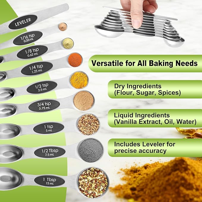 Magnetic Measuring Spoons Set Stainless Steel with Leveler, Dual-Sided Metal Measuring Spoons for Baking & Cooking, Fits in Spice Jars, Must-have Kitchen Gadgets, 8 Measuring Spoons & 1 Leveler, Black