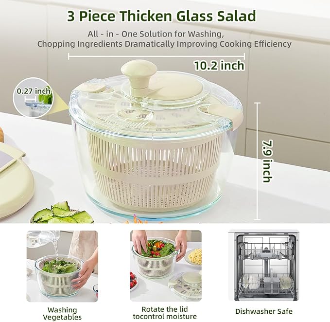Large 5.2 Qt Glass Salad Spinner Vegetable Dryer with Drain Microwave Safe Dishwasher Safe with Transparent Lid Crank Handle Quick Spin Greens Washer for Lettuce Herbs Fruits (off-white)
