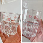 Set of 2 Floral Glass Coffee Cup Cute Drinking Glasses Stackable Floral Glass Cups for Juice,Iced Coffee,Milk,Tea,Dessert,Flower Teacups Glassware Drinkware Set (pink)