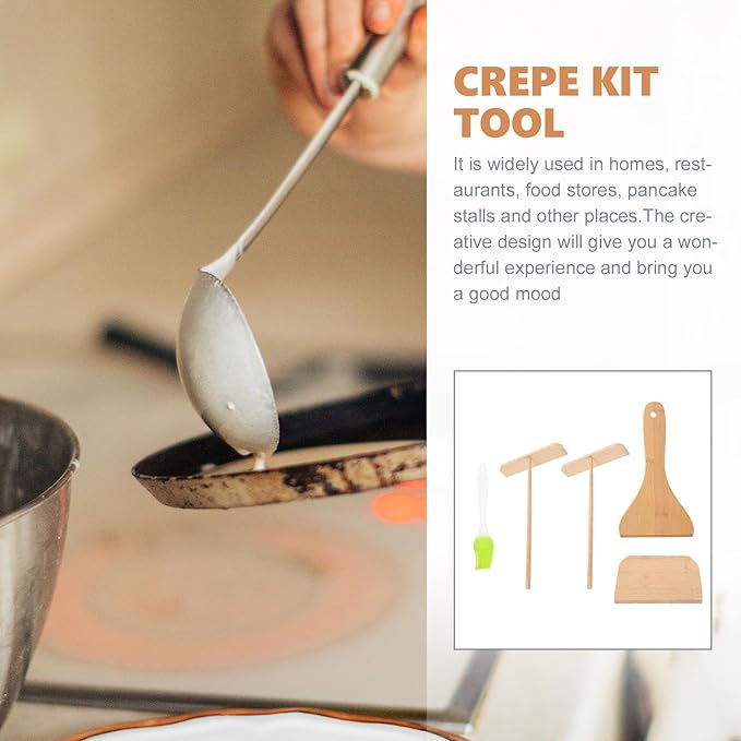 Uonlytech Wear-resistant Crepe Pancake Maker Kit with Spatula and Convenient Spreader, Household Pancake Cooking Tools Set, Five-piece Crepe Accessory for Home Kitchen Use Random Color