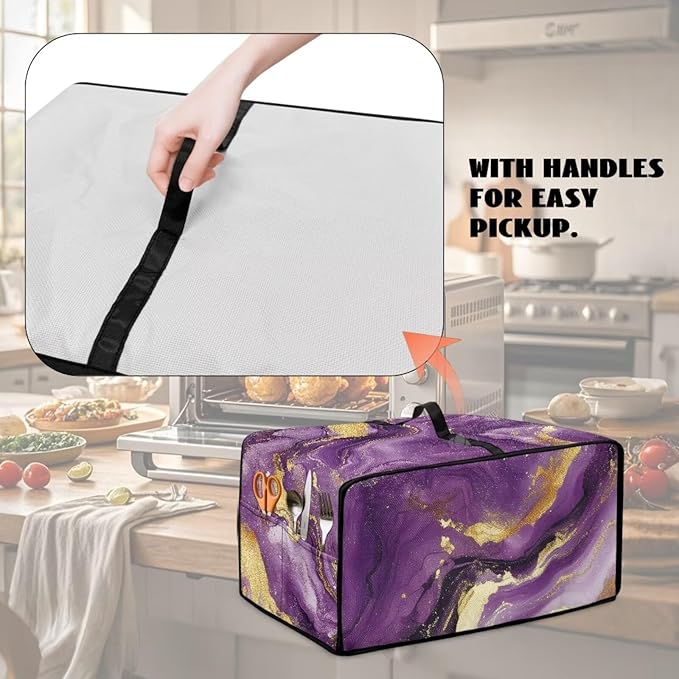 Marble Print Toaster Oven Cover, Dust-proof Heavy Duty Toaster Oven Cover for kitchen, Air Fryer with Accessory Pockets, Gold Violet, (Large-18.5*22.5*12.99 inches)