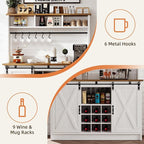 4ever2buy Farmhouse Coffee Bar Cabinet with Storage, 47”Coffee Bar with Sliding Barn Doors and 3 Storage Hutch, Hutch Cabin et with 6 Hooks & 9 Wine Racks for Dining Room, Kitchen, White
