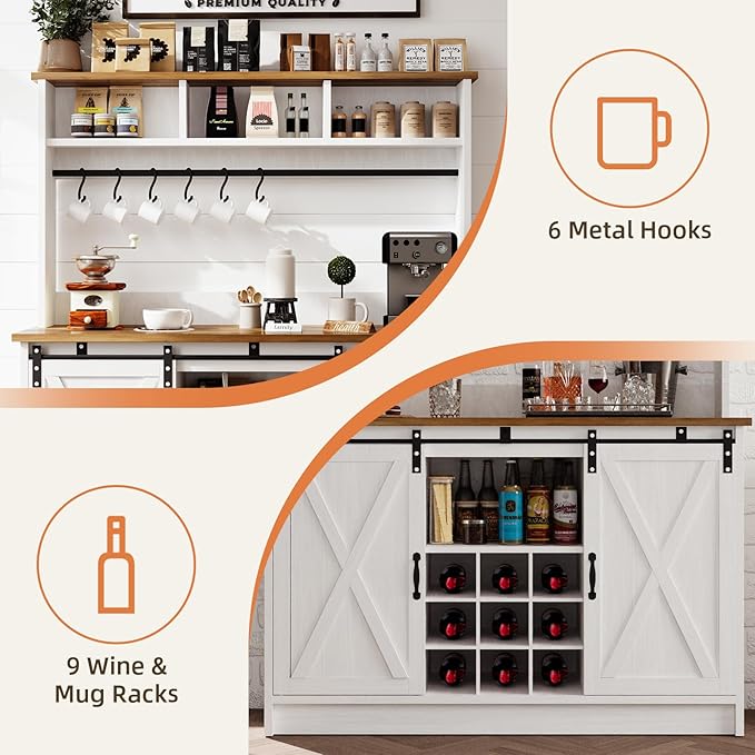 4ever2buy Farmhouse Coffee Bar Cabinet with Storage, 47”Coffee Bar with Sliding Barn Doors and 3 Storage Hutch, Hutch Cabin et with 6 Hooks & 9 Wine Racks for Dining Room, Kitchen, White