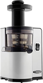 Omega Juicer Cold Press Vertical 43 RPM Slow Masticating Compact Juice Extractor for Fruits and Vegetables Quiet Operation with 3 Stage Auger Automatic Pulp Ejection and No-Drip Tap, 150-Watts, Silver