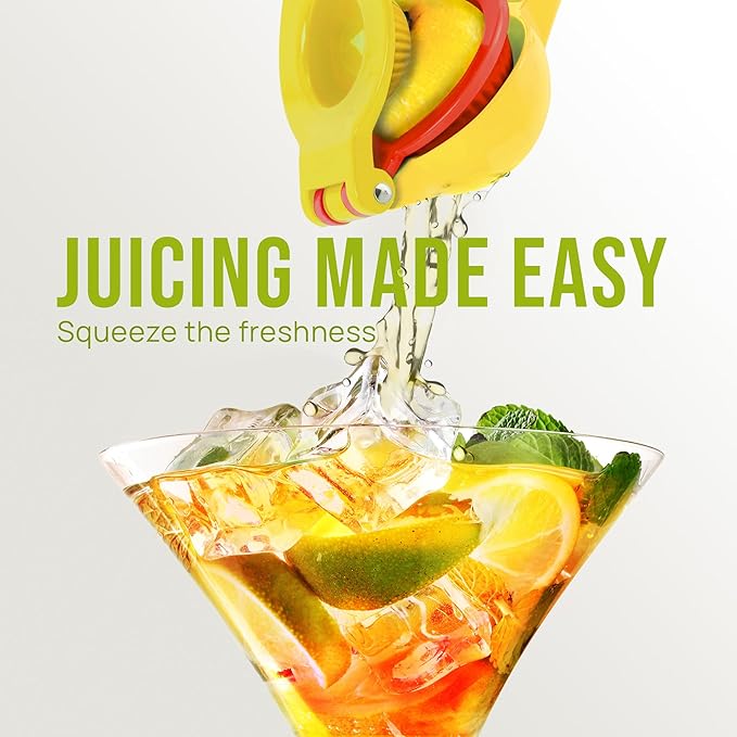 Zulay Kitchen Metal 2-in-1 Lemon Squeezer - Sturdy Max Extraction Hand Juicer Lemon Squeezer Gets Every Last Drop - Easy to Clean Manual Citrus Juicer - Easy-Use Lemon Juicer Squeezer - Yellow/Red