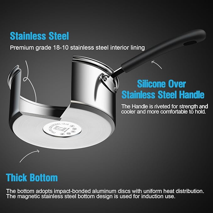 Cook N Home 2 Quart Stainless Steel Saucepan Set with Lid, Induction Compatible Milk Pots, Stay-Cool Silicone Handle, Mirror Polished 18/10 Cookware, Dishwasher & Oven Safe, Silver