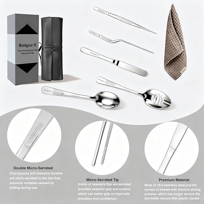 Plating Tool Culinary Set, 6 Piece Professional Chef Plating Tools Kit, Chef Plating Utensils, Spatula, Tweezers for Modernist Cuisine Food Art, Black, Cooking Utensils (Silver)