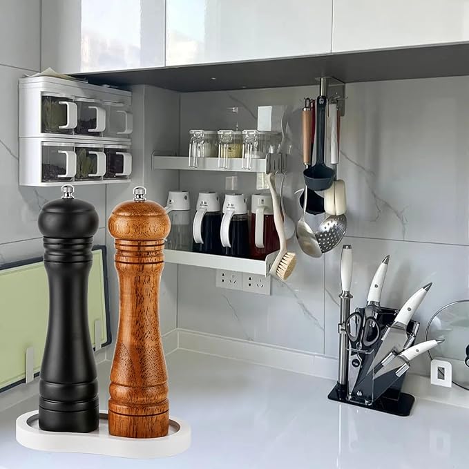 Salt and Pepper Wood Mill Tray, White colour Pepper Grinder Rest, Work Surface and Dining Table Protector (Pepper mill not included)
