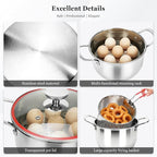 Deep Fryer Pot with Basket, 4.0L/4.2QT 304 Stainless Steel Standard Capacity Multi-function Cooking Pot with Strainer Basket, Anti-scald Handle, Egg Steamer Rack and Lid for Kitchen Camping