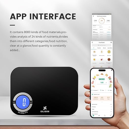 EILISON Smart Kitchen Scale with Bluetooth App, High-Precision Digital Food Scale for Baking, Cooking & Diet, 8000 Food Database, 24 Nutrients, Touchscreen, Tare Function, 5g-8000g Capacity (Black)