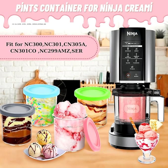 4-Pack 16 Oz Ice Cream Containers with Lids – Compatible with Ninja NC300, NC301 & NC299AMZ Series Creami Machines – Dishwasher Safe & Leak-Resistant