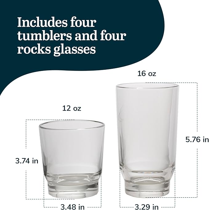 Libbey Merida Mixed Drinkware Set of 8, Merida Cooler Glass Tumblers and Double Old Fashioned Rocks Glass Set, Dishwasher Safe Glassware Drinking Glasses Set