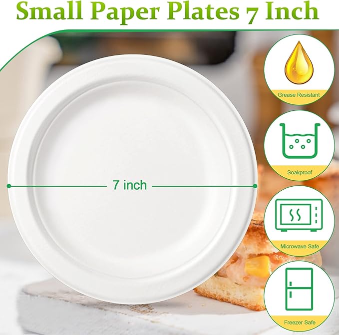 Paper Plates Bulk 500 Pack - 7 Inch Small White Plates, 100% Compostable Eco-Friendly Disposable for Dessert and Cake