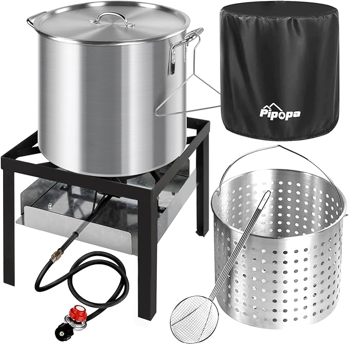 60QT Crawfish Boiler | Seafood Boiling Kit | Dustproof Cover & 12" Skimmer Included | 110,000BTU Propane Jet Burner | 0-20 PSI CSA Certified Regulator | Crab Boil Pot for Outdoor Backyard Cooking