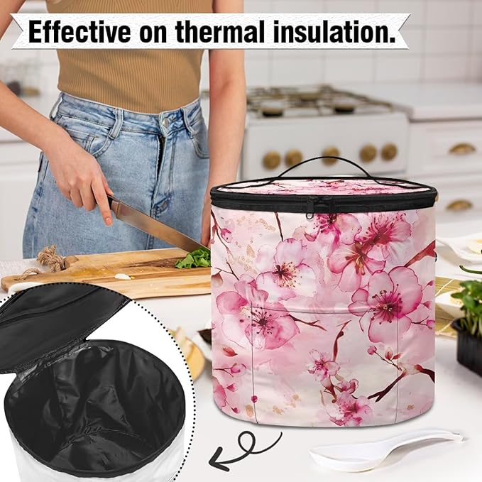 Cherry Blossom Electric Pressure Cooker for Picnic Pink Butterfly Insulation Bag Hand Washable Pressure Cooker Storage Bag Protective Hood with Pocket, Fork Pickled Cucumber
