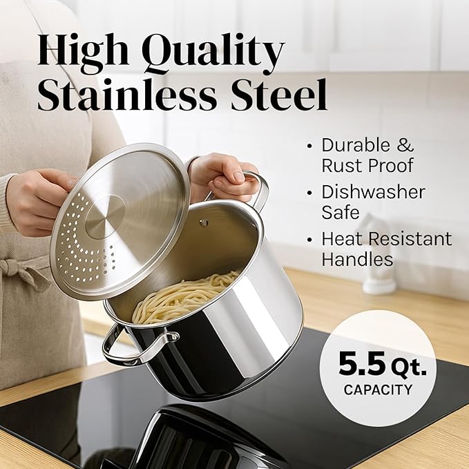 Stainless Steel Pasta Pot with Strainer Lid — 5.5 Qt Large Capacity Spaghetti Pot with Twist Lock Lid — Deep Cooking and Stock Pots for Boiling, Dishwasher Safe By Cooler Concepts