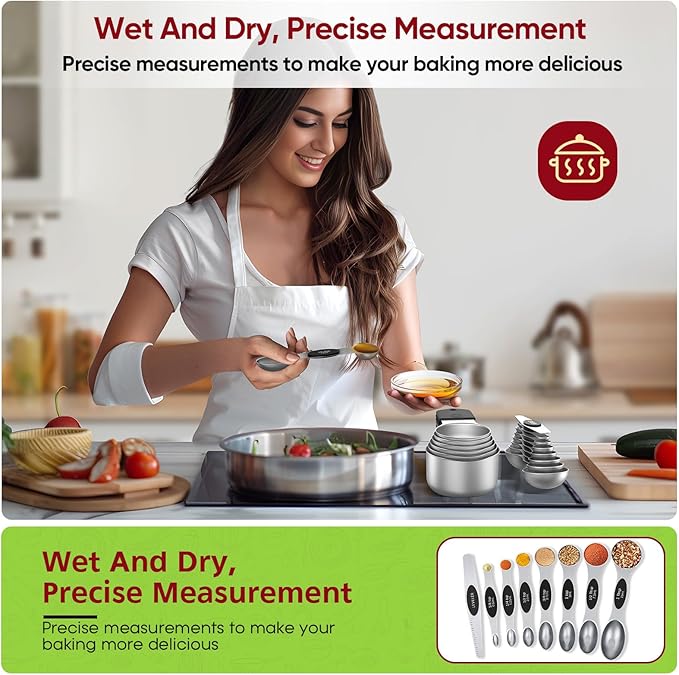 Magnetic Measuring Cups & Spoons Set|304 Stainless Steel Dual Scale Set of 15, Strong N52 Magnetic Nesting Design with Leveler, for Dry&Liquid Ingredients, Dishwasher Safe(Black)