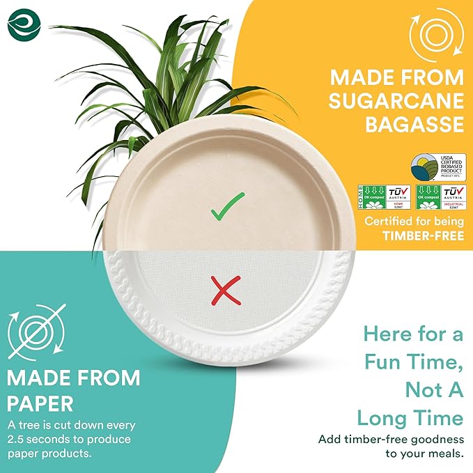ECO SOUL 100% Compostable 10 Inch Paper Plates 200 [2x100 Pc] Disposable Party Plates I Heavy Duty Eco-Friendly Sturdy Dinner, Wedding, Event Plates I Biodegradable Unbleached Sugarcane Eco Plates