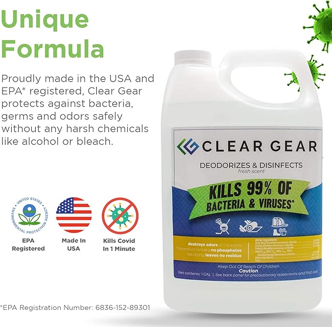 Clear Gear Gym Disinfectant Mat Cleaner, and Gym Equipment Deodorizer for Sports Equipment and Fitness Centers - EPA-Registered, Hospital Grade Disinfectant, Made in USA - (4) 1 Gallon Bottles