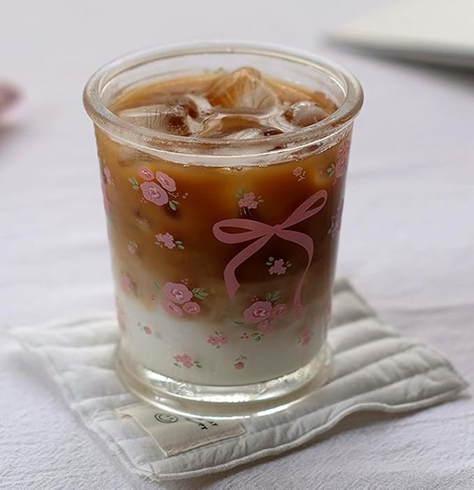 Set of 2 12 OZ Floral Drinking Glasses French Glass Coffee Cup Cute Bow Flower Glass Cups for Iced Coffee,Tea,Juice,Milk,Latte,Dessert,Stackable Glassware Drinkware Set(pink floral)