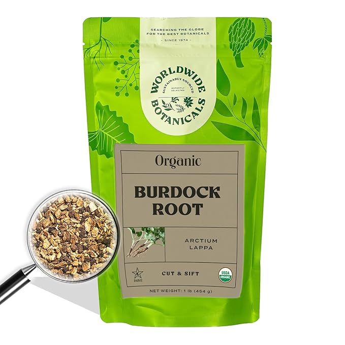 Worldwide Botanicals Organic Burdock Root – 1 lb - 100% Arctium lappa - Raíz de Bardana – Cut & Sift, Excellent Detox and Digestion Herb tea, Used to make Root Beer, 16 ounces