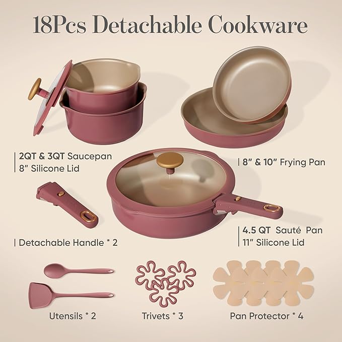 CAROTE 18Pcs Pots and Pans Set, Titanium kitchen Pan Set, Nonstick Cookware Set Detachable Handle, Induction kitchen cookware Non Stick, RV Cookware Set, Oven Safe, Red