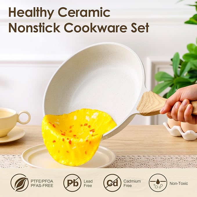 SENSARTE Nonstick Ceramic Cookware Set, 23 PCS Pots and Pans Non Toxic, PFAS & PFOA Free, Non Stick Healthy Kitchen Cooking Set with Stay-Cool Handles, White