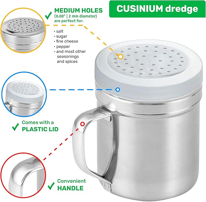 CUSINIUM Metal Salt Pepper Dredge Shakers - With Handle - Seasonings Spice Shakers With Holes and Lids - 10 Ounce, 2pcs | Style: Medium