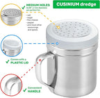 CUSINIUM Metal Salt Pepper Dredge Shakers - With Handle - Seasonings Spice Shakers With Holes and Lids - 10 Ounce, 2pcs | Style: Medium