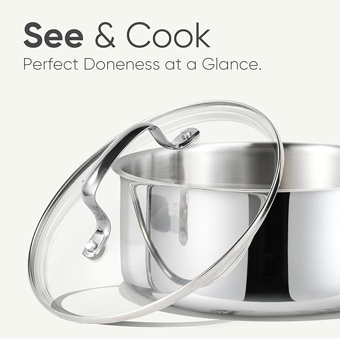CAROTE 1.5Qt Stainless Steel Saucepan, Non-Toxic 3-Ply Stainless Steel Cookware Set with Lids, Small Kitchen Pots, Oven Safe, Compatible with Induction, Ceramic, Gas